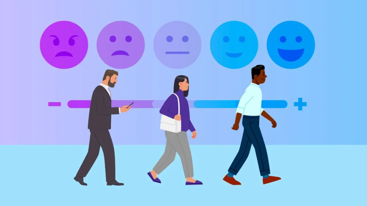 Three business people walking in a line, against a blue and purple background with emojicons varying from happy to sad faces