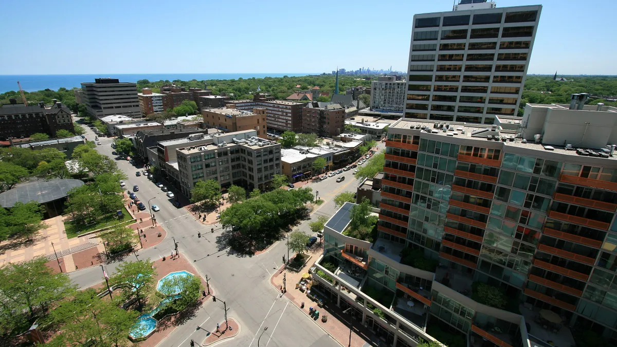 An aerial view of Fountain Square in Evanston, Illinois.