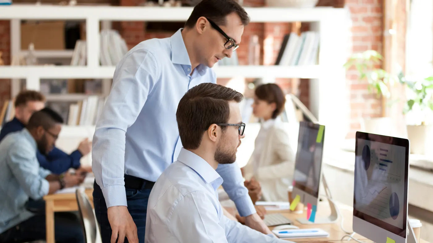 Middle aged mentor helping employee with computer work