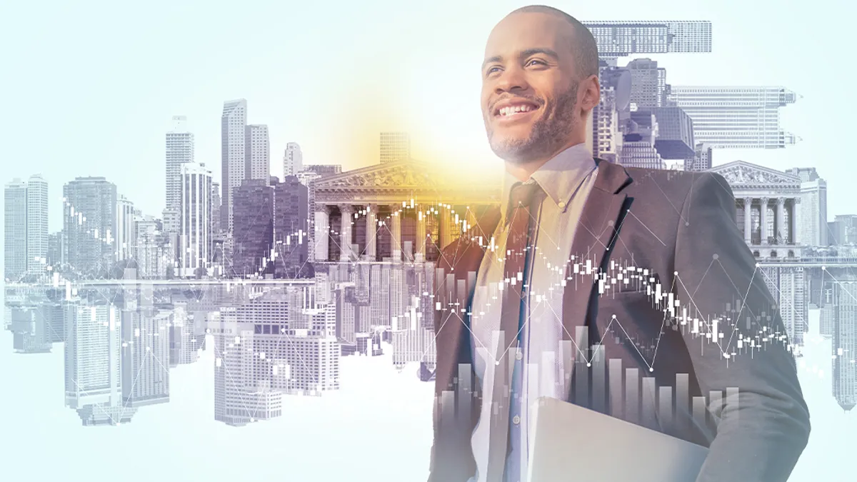 Person with city skyline graphic