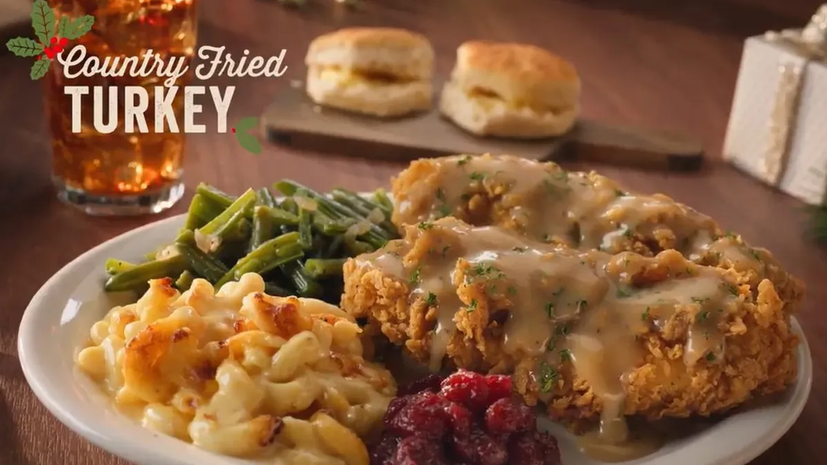 Country fried turkey sits on a table in a Cracker Barrel ad