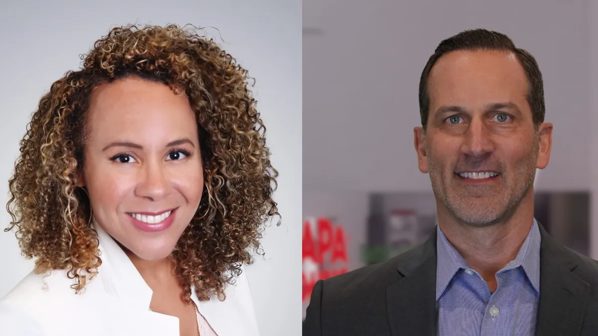 Headshots of Papa Johns chief operating officer, international, Amanda Clark and chief restaurant officer Joe Sieve