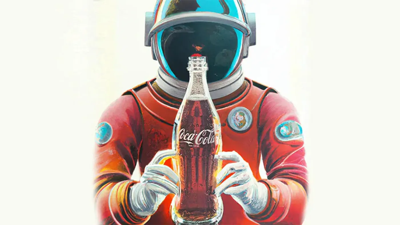 An AI-generated astronaut holds a bottle of Coca-Cola