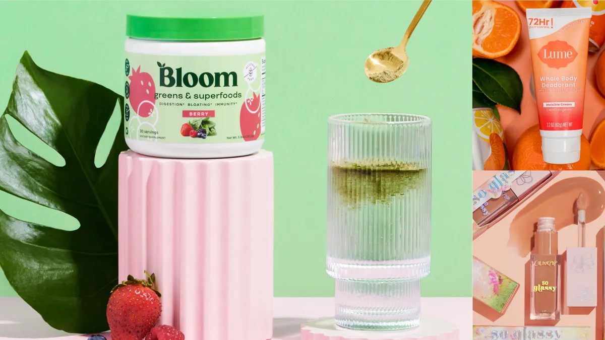 Photos of self care products from a number of companies including Bloom, Lume and So Glassy.