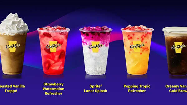Five fancy drinks at McDonald's against a dark blue background.