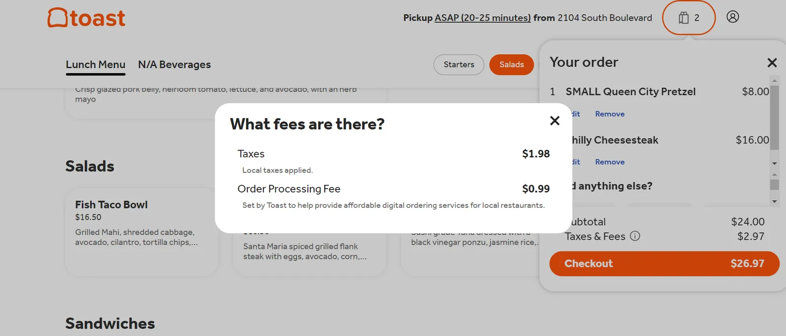 A screenshot shows the breakdown of taxes and fees for an online order placed through Toast's platform.