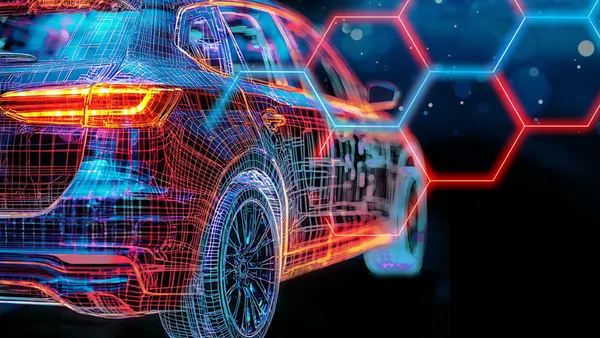 Vector illustration of a car with hexagons behind it.