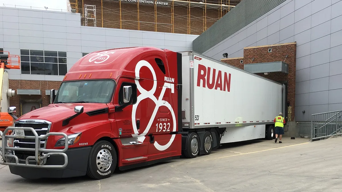 A Ruan tractor-trailer at a dock with a worker walking toward the back.