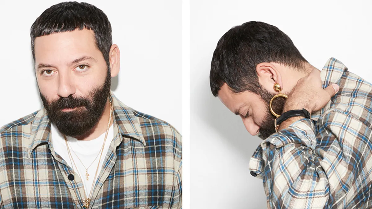 Two images of Davide Renne, a person with a beard, brown plaid shirt, and large gold earrings.