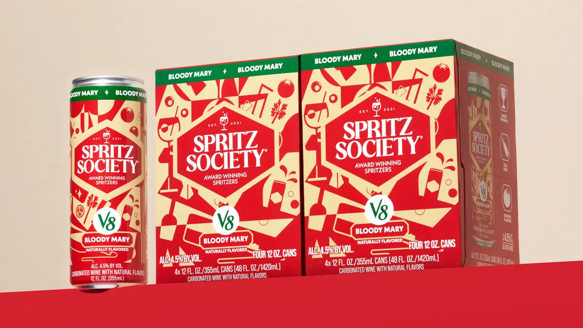 Cans of V8's Bloody Mary Spritz RTD cocktail.