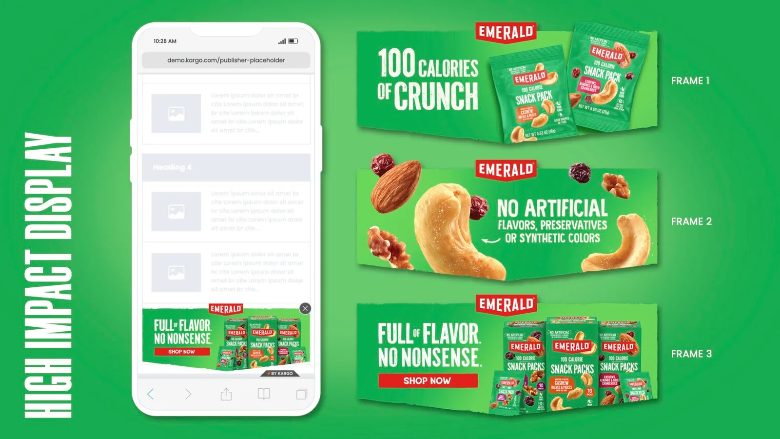 An ad for Emerald Nuts is shown on a mobile phone