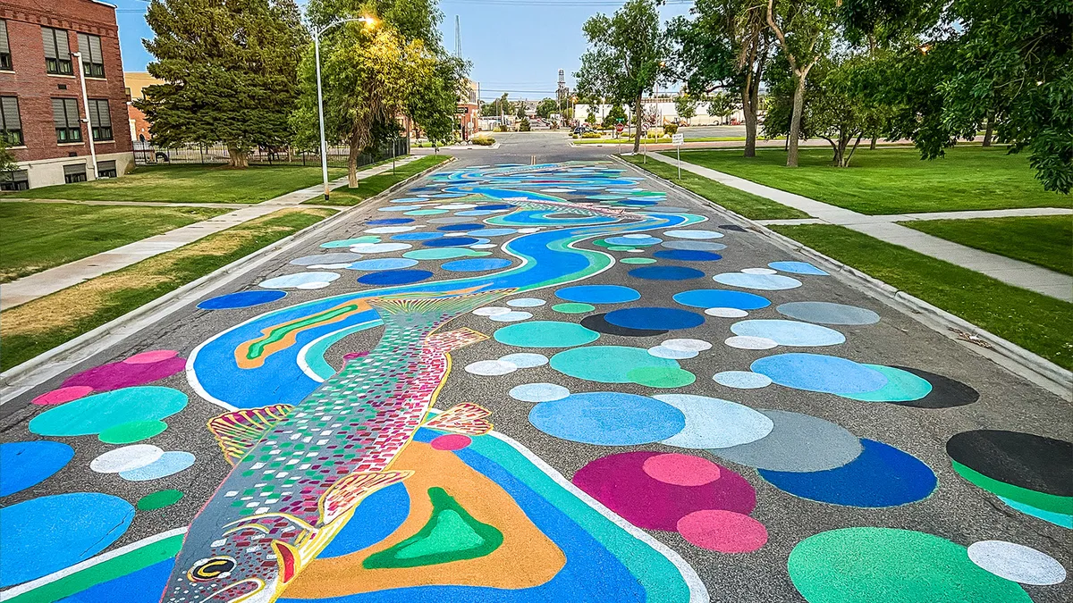 Asphalt art installations in Billings, Montana.