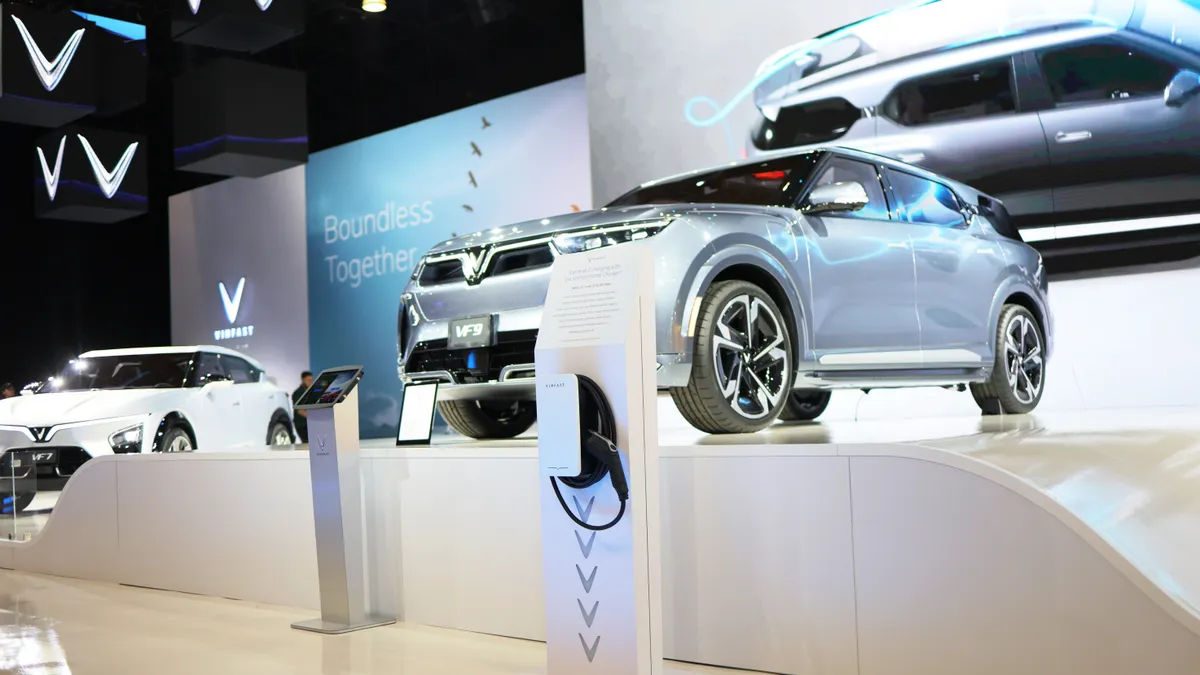 The VinFast VF 9 electric SUV on display at the New York International Auto Show in 2022.