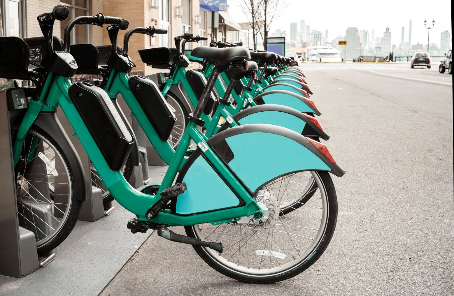 Shared bikes parked at bike station.