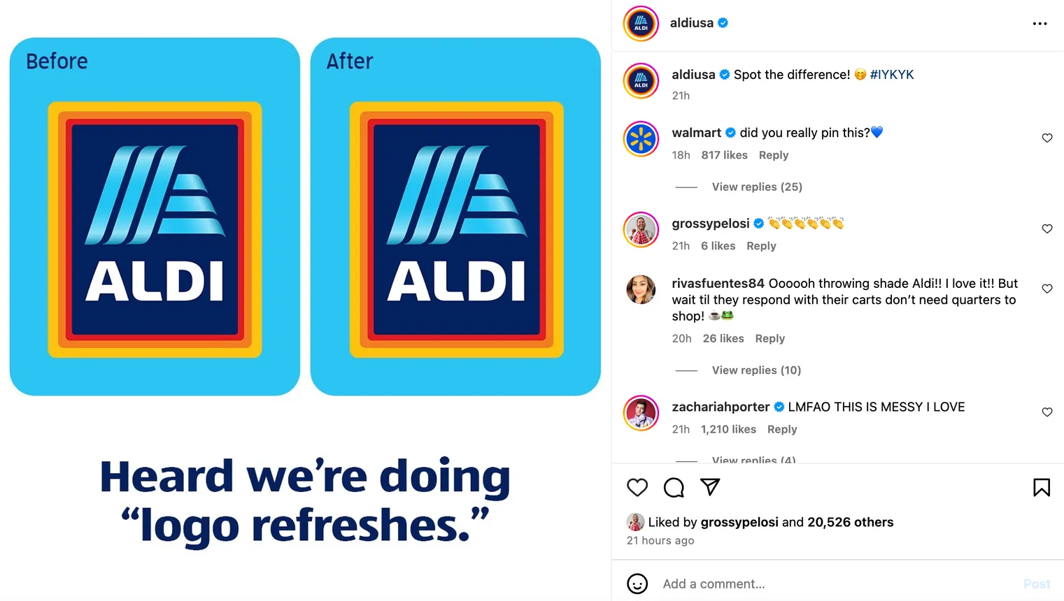 A screenshot of an Instagram post on Aldi&#x27;s profile of side-by-side Aldi logos.