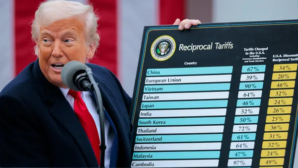 A person holds up a black, blue, white and yellow chart titled “Reciprocal Tariffs” listing the names of several countries alongside percentages.