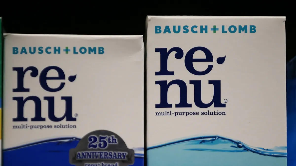 Contact solution sold by Bausch + Lomb sits on a store shelf.