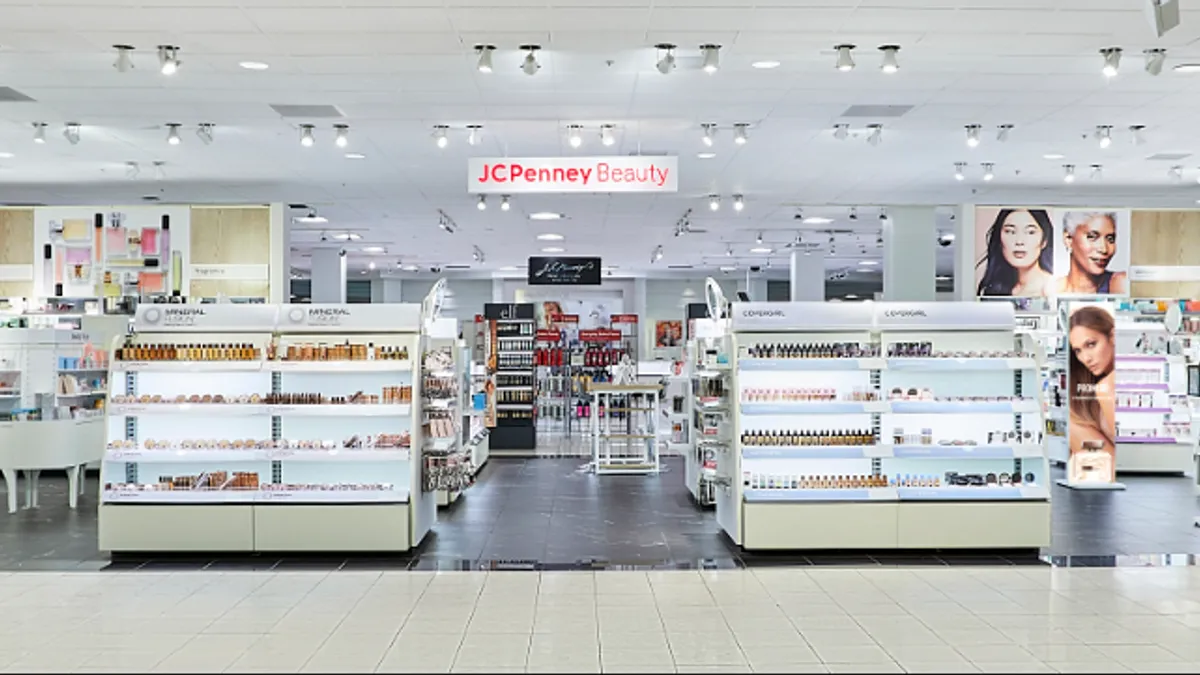 Internal entrance of a JC Penney store, with the redesigned beauty section at the entrance at the store.