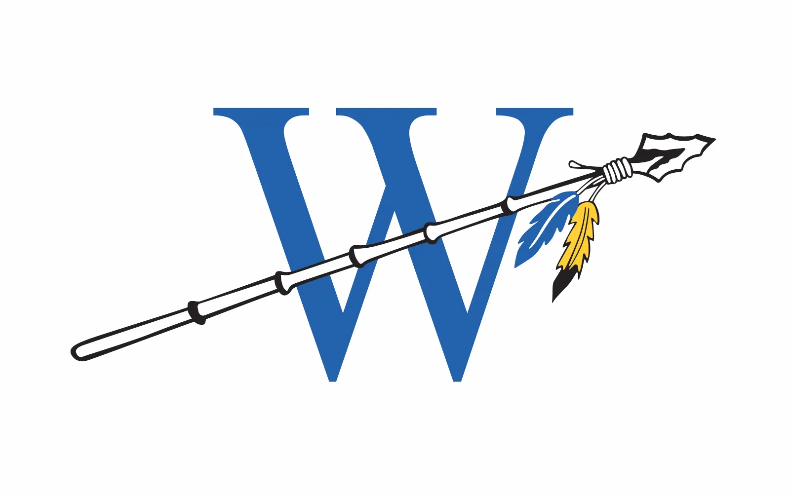 A high school logo features a "W" for "Warriors" with a spear and feather