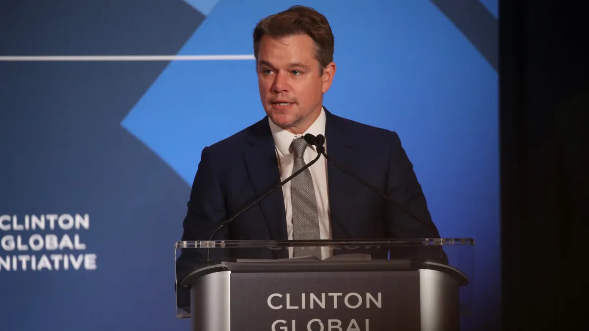 Actor Matt Damon speaks onstage at a Clinton Global Initiative event.