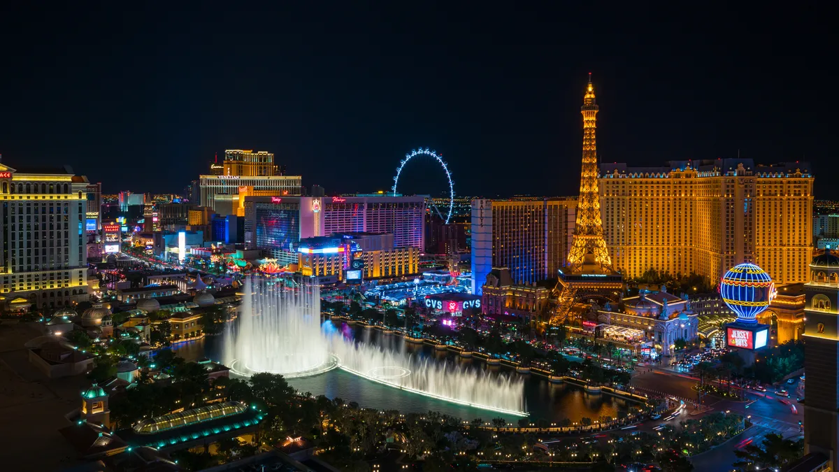 An aerial view of the Las Vegas Strip at night