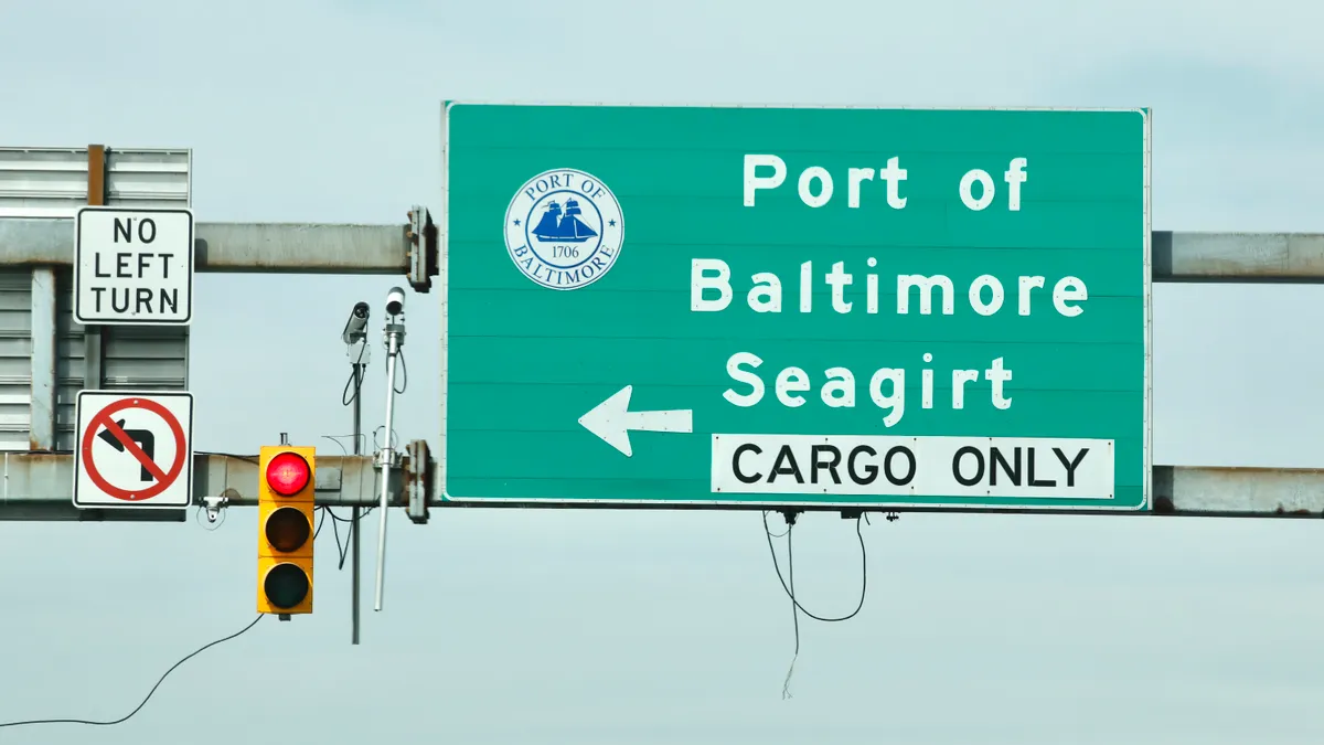 A sign shows the Port of Baltimore Seagirt Cargo area outside the Baltimore Port.