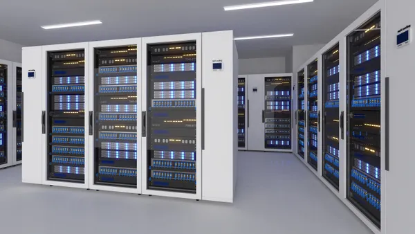 Shot of Data Center With Multiple Rows of Fully Operational Server Racks in a Modern Telecommunications Data center.