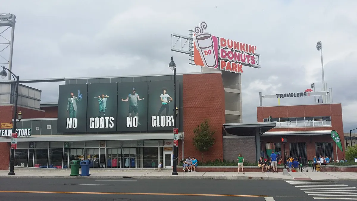 The exterior of a minor league baseball stadium