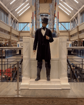 An animatronic Abe Lincoln statue speaks at a Scheels store.