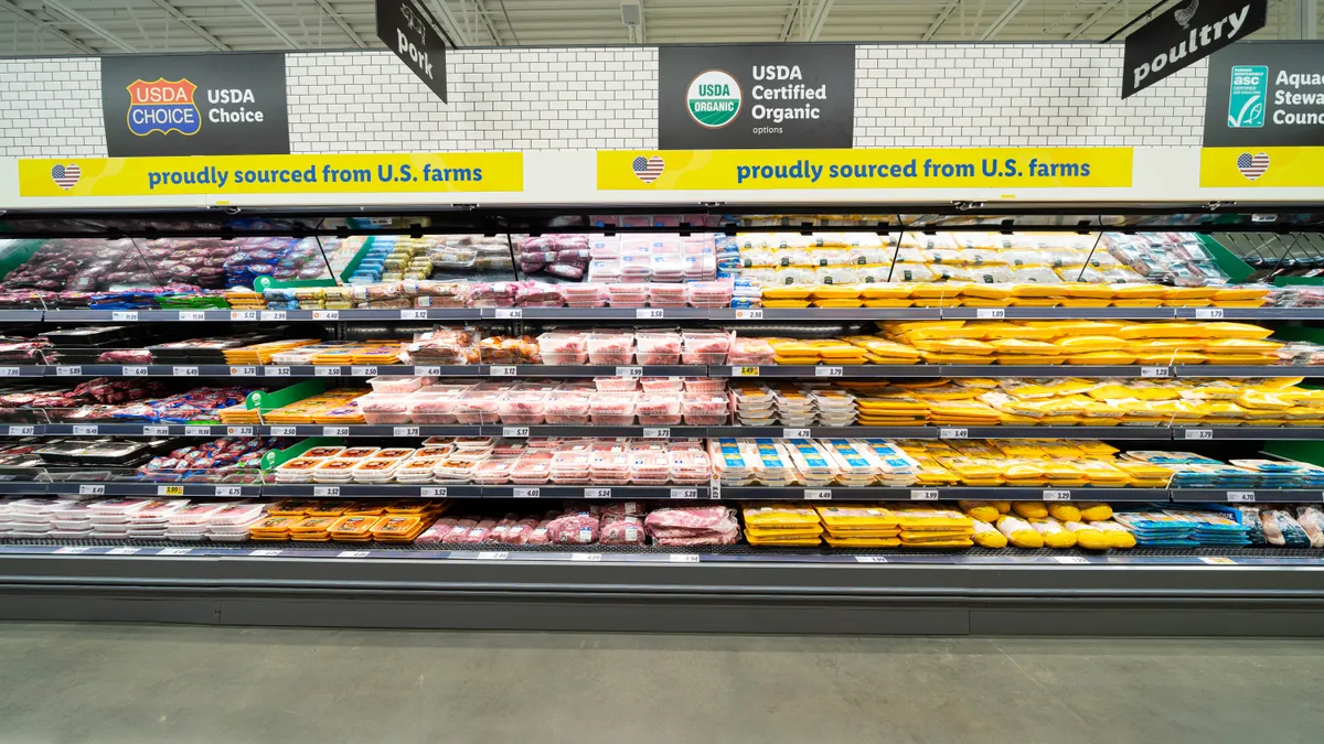 Food in a grocery store refrigerated case