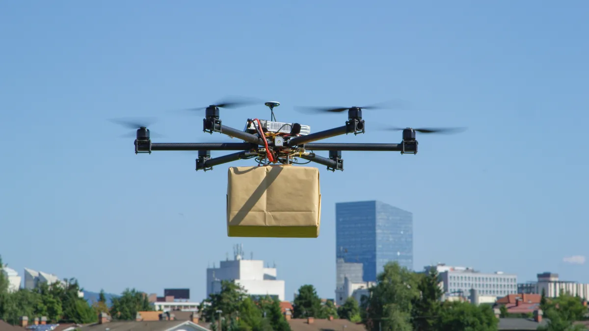 A drone delivering a package.