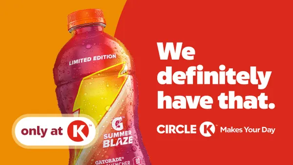 A photo of a bottle against a red and orange background. Text on the image says "We definitely have that. Circle K makes your day" while the bottle says "Limited edition Summer Blaze Gatorade."
