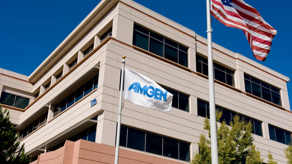 An outside view of an Amgen building.