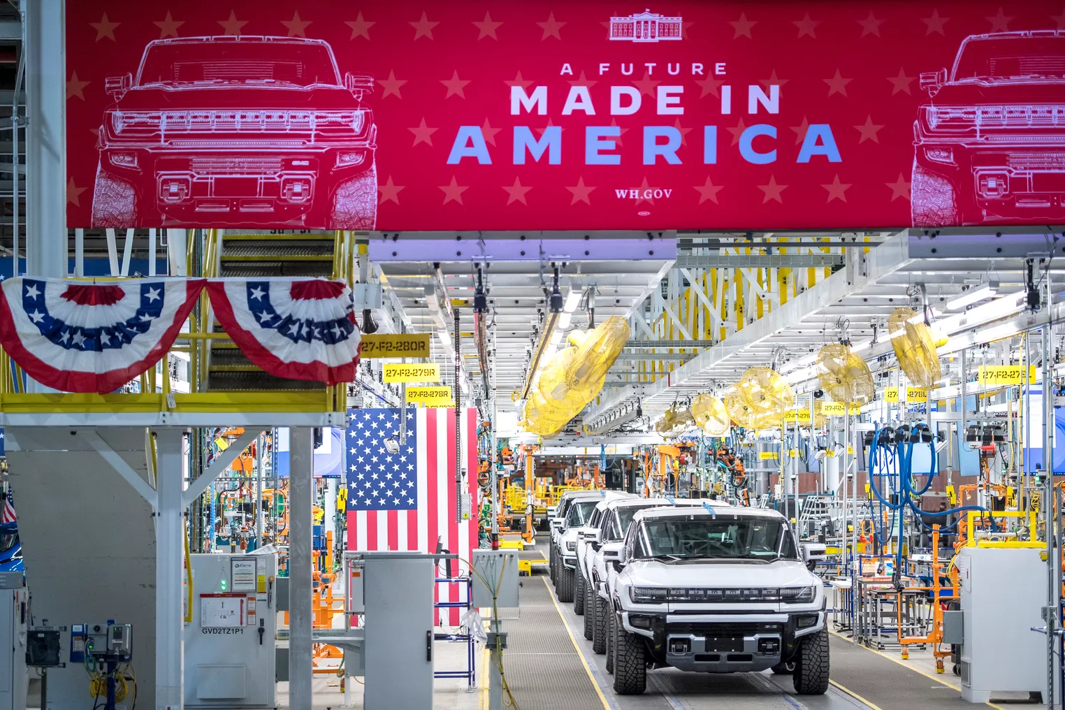 A general view of GMC Hummer EVs on November 17, 2021 at General Motors' Factory ZERO electric vehicle assembly plant in Detroit, Michigan