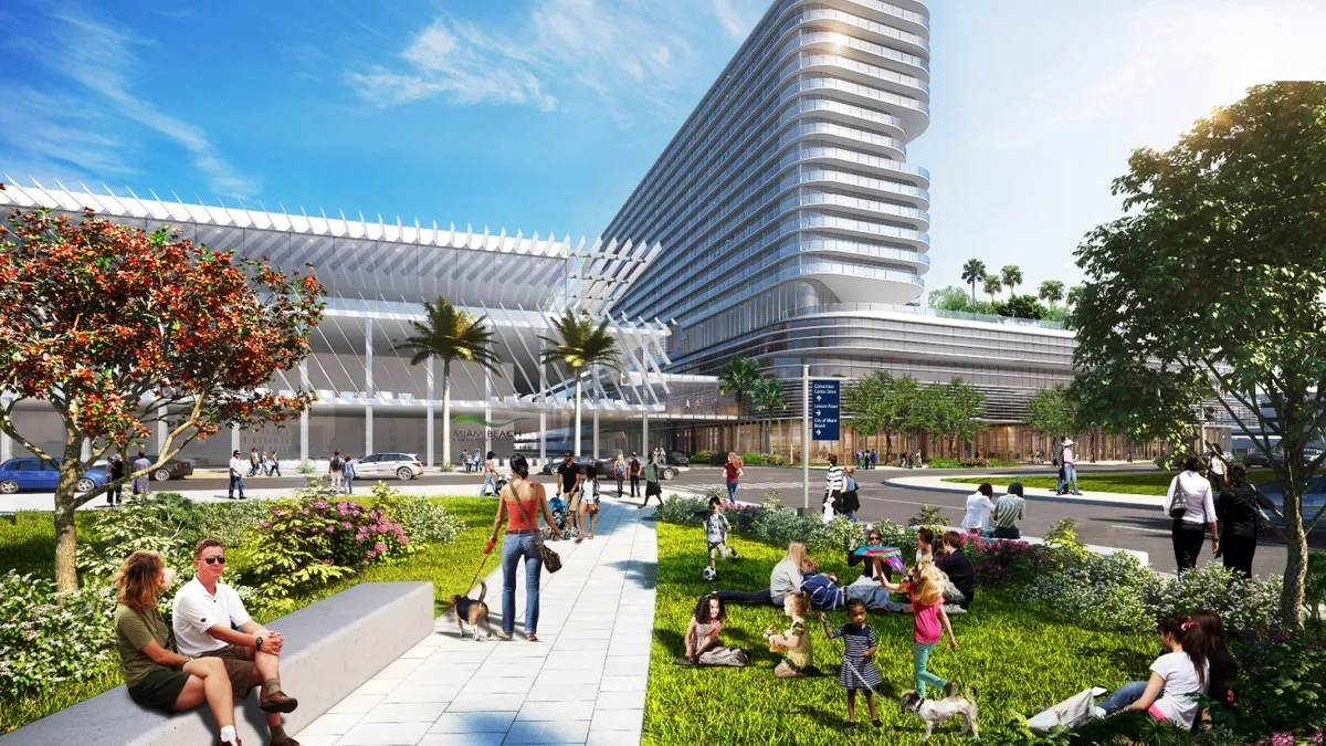 A rendering of the Grand Hyatt Miami Beach Convention Center Hotel. The rendered hotel is in the background, while computer generated people mill about on green grass in the foreground.