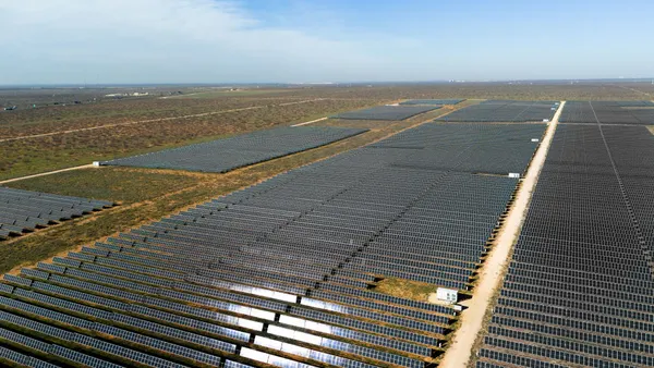 Rows of solar panels run off into the distance.