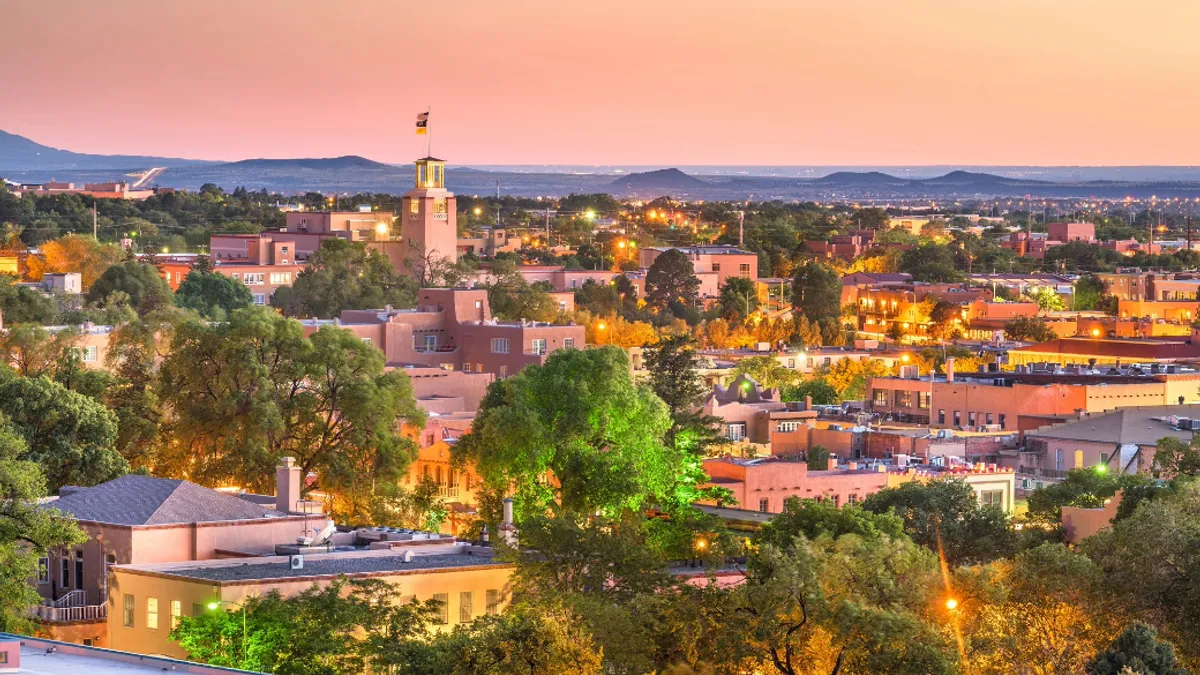 The skyline of Santa Fe at dawn.