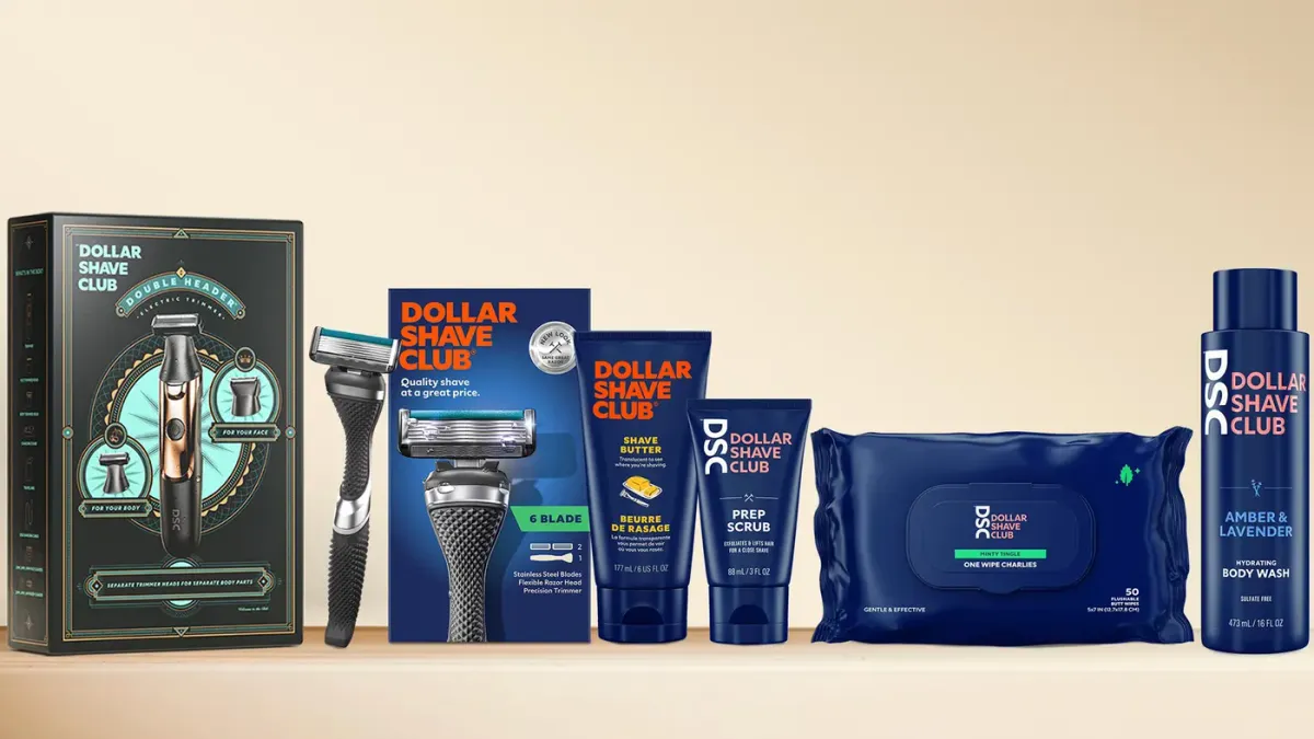 Display of black, blue and orange Dollar SHave CLub products, including shaving razors