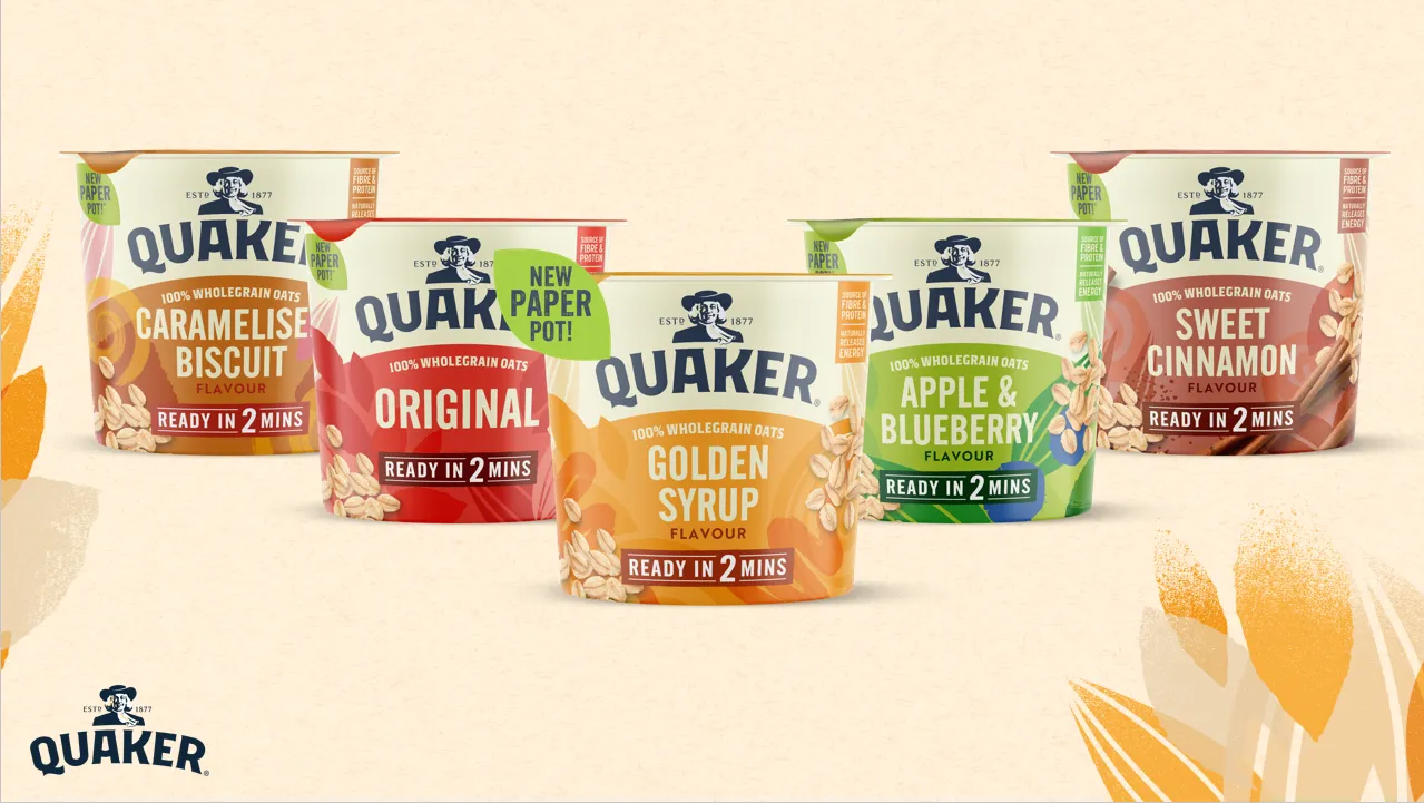 Lineup of Quaker Oats porridge pots made of paper packaging