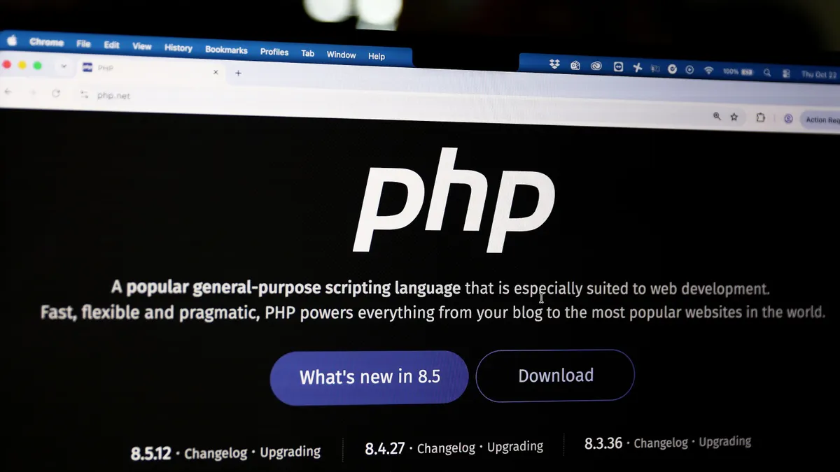 Screenshot of the PHP.net website, with text describing what PHP is and buttons to click what's new in version 8.5 and download.