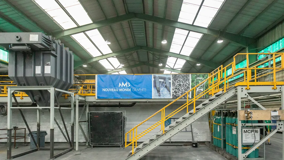 A view of the interior of Nouveau Monde Graphite's battery materials plant in Bécancour, Quebec.