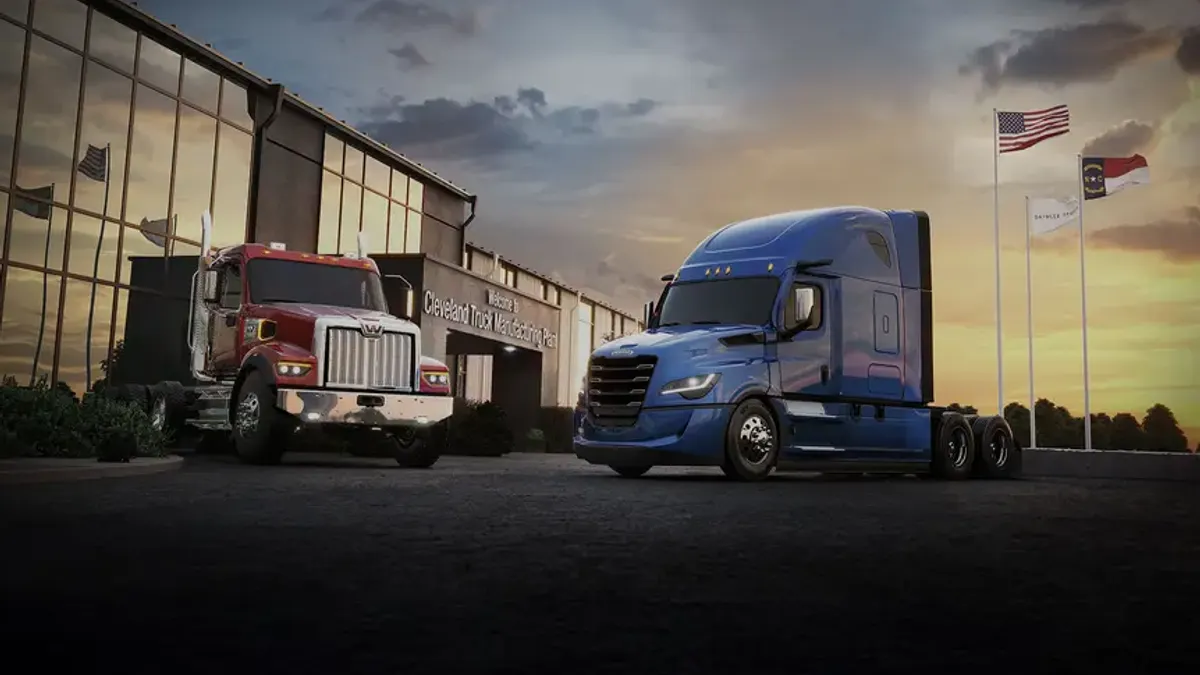 Freightliner Western Star trucks parked at Daimler site