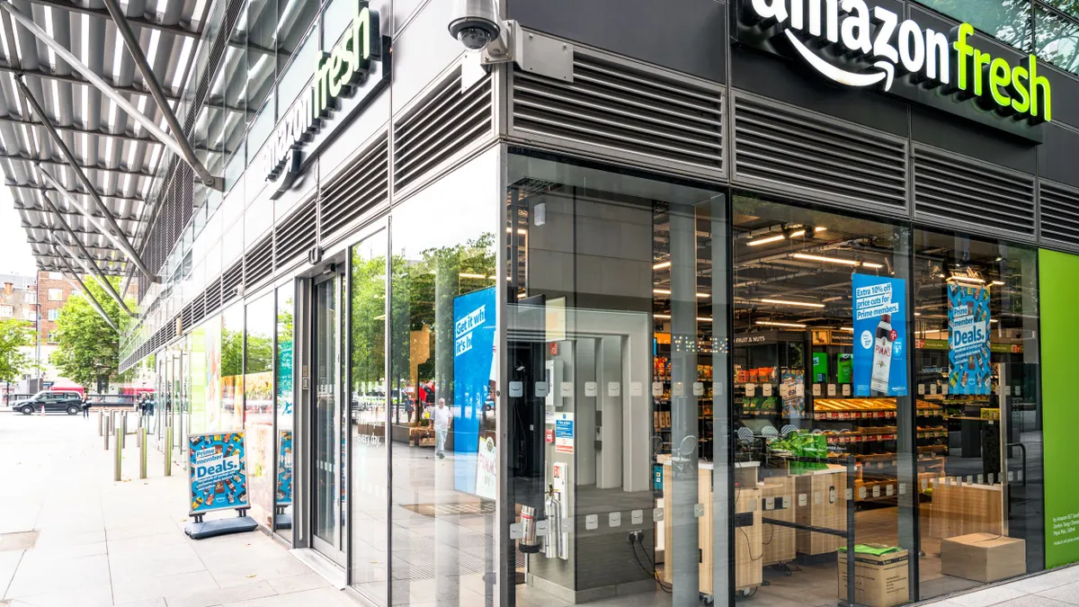 London, UK - The exterior of an AmazonFresh store in the City of London.