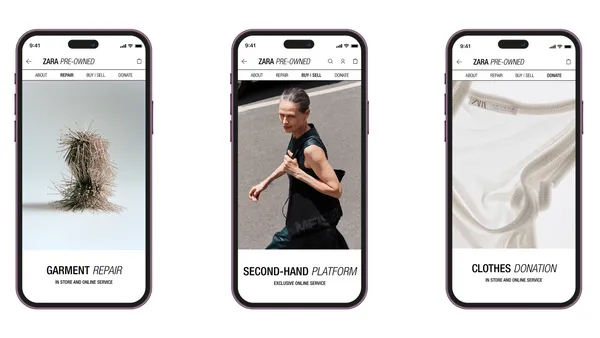 Marketing image of three cell phones showing features of Zara Pre-Owned, which includes garment repair, resale and donation.