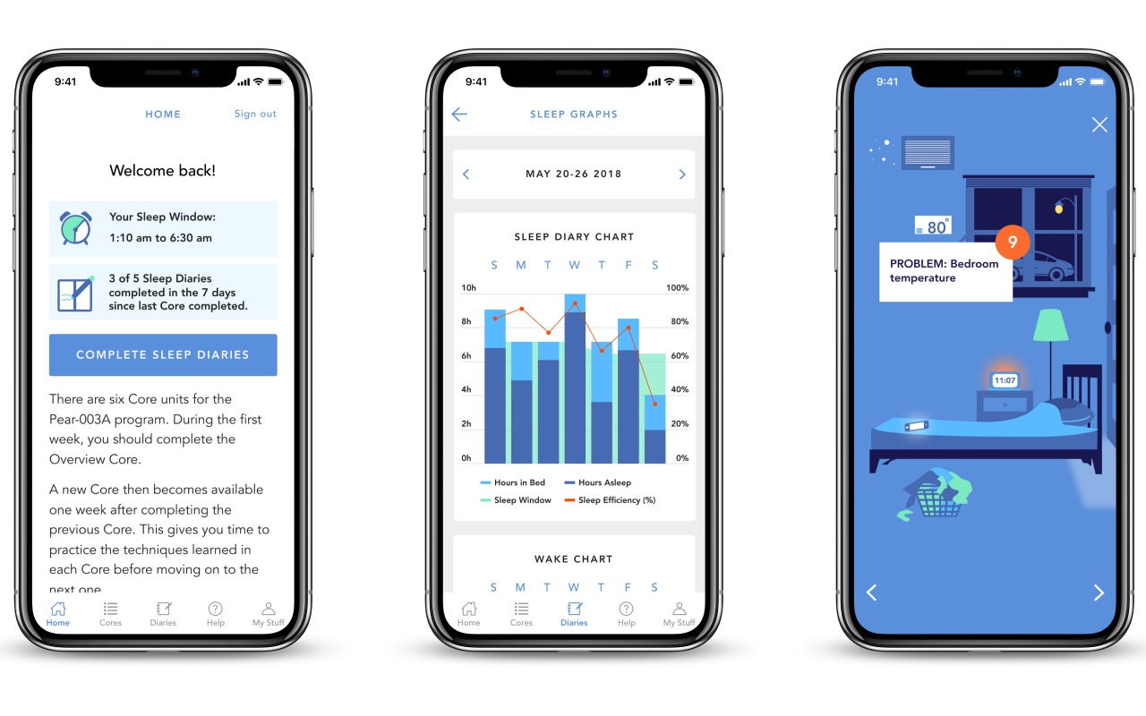 Three screens show sleep diaries, a sleep chart and recommendations to lower bedroom temperature to improve insomnia