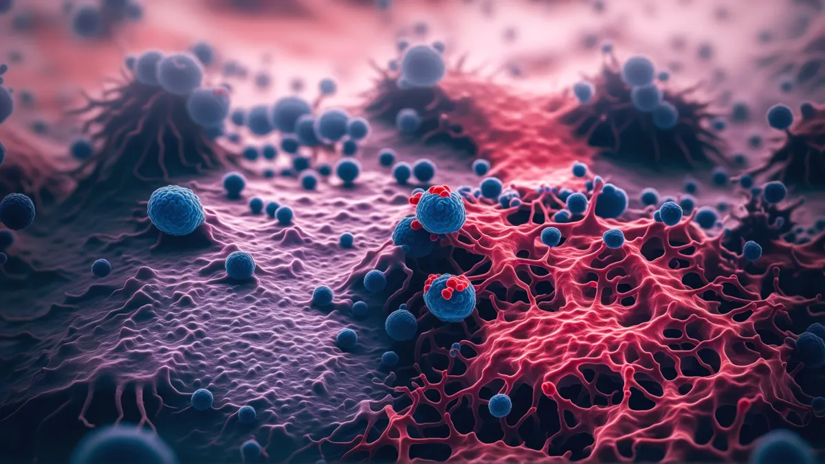 A concept illustration of malignant cells, colored purple and red