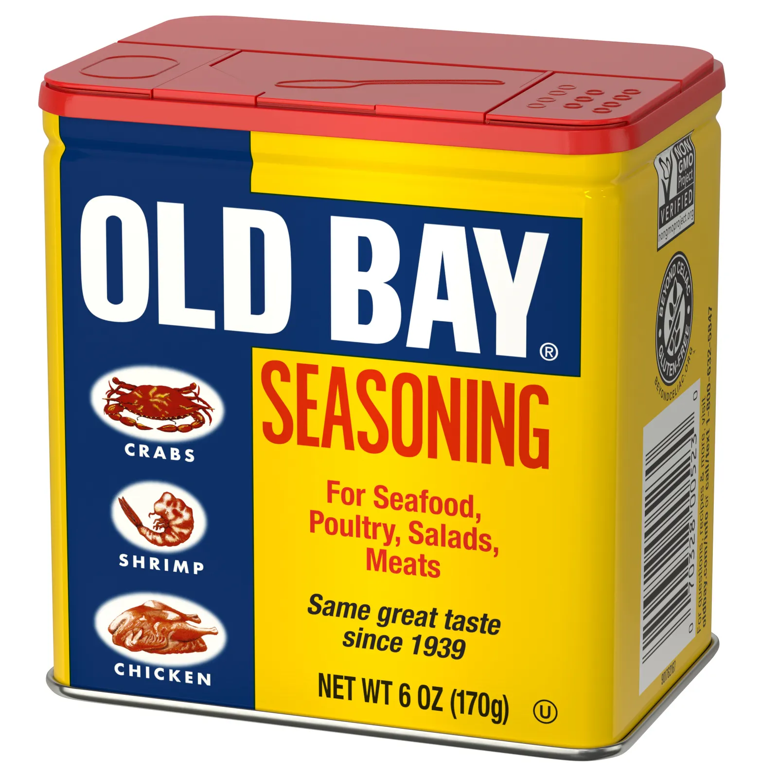 A metal container with Old Bay seasoning&#x27;s branding on the outside.