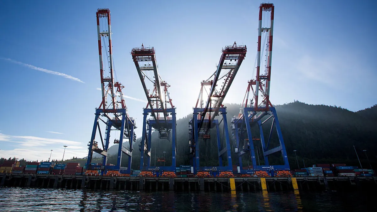 Container cranes stand at the Fairview Container terminal of the Port of Prince Rupert in Prince Rupert, British Columbia, Canada, on Tuesday, Aug. 23, 2016.