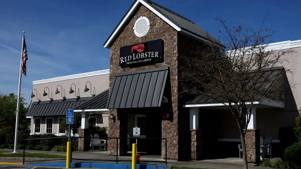 An image of a restaurant with beige paint and a stone facade with "Red Lobster" signage