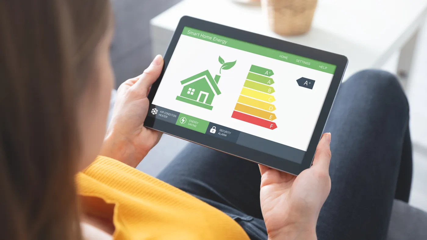 Person in a house holding an energy efficiency mobile app on screen